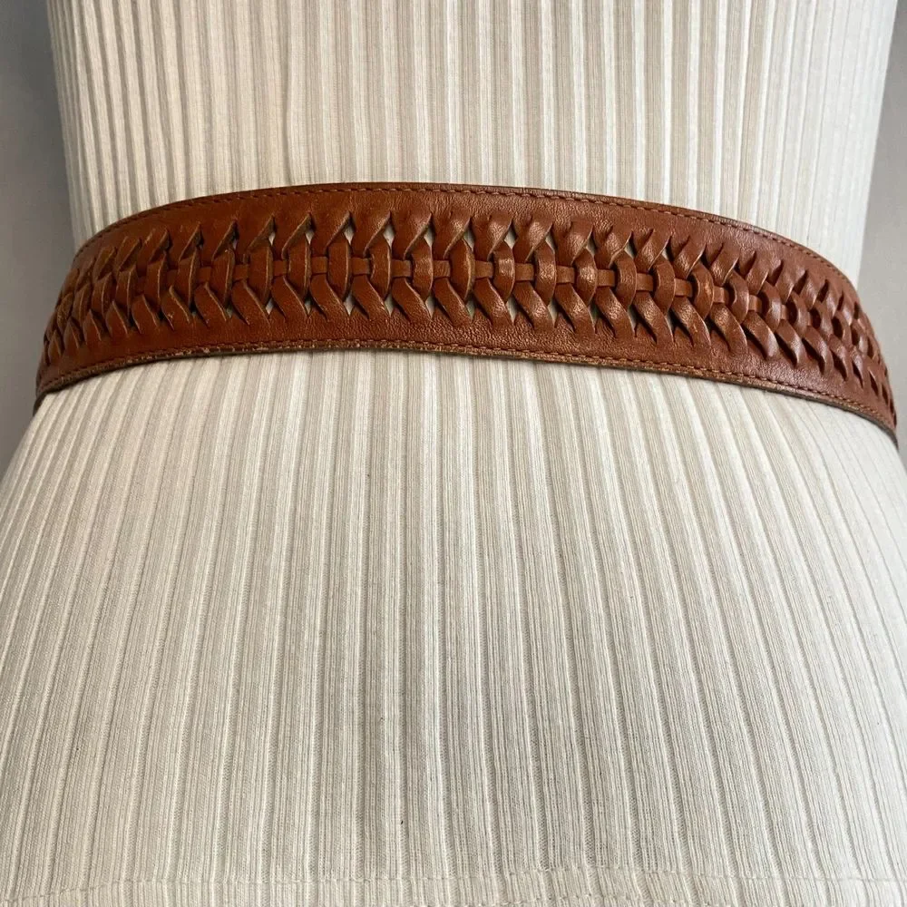 💎Lands End 506 Unisex Belt 32 Waist Woven Center Copper Brown Leather